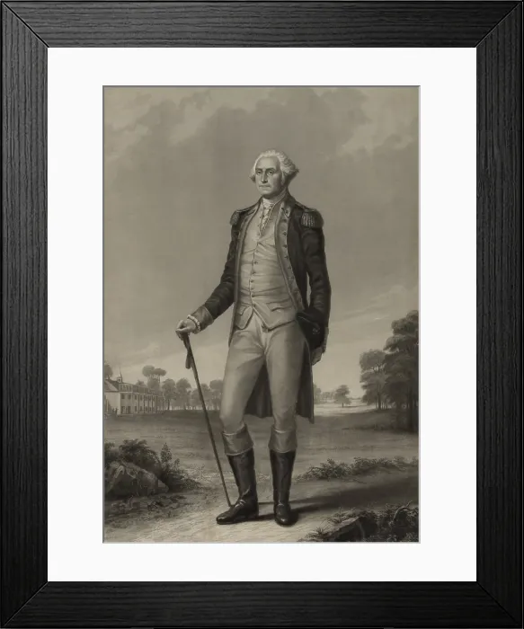 Framed Print : American Revolution. George Washington wears a military uniform in this full-length portrait at Mount Vernon. The 1850s engraving is based on a painting by Thomas Hicks Framed Print : American Revolution. George Washington wears a military uniform in this full-length portrait at Mount Vernon. The 1850s engraving is based on a painting by Thomas Hicks