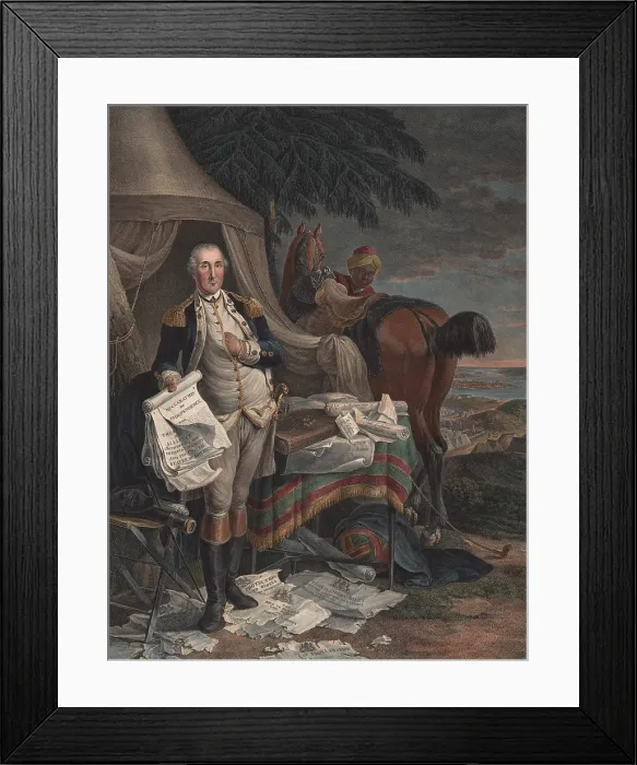 Framed Print : American Revolution. George Washington holds American political documents, including the Declaration of Independence, 1776, and the Treaty of Alliance with France, 1778