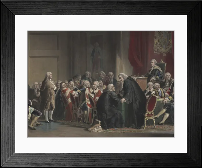 Framed Print : Benjamin Franklin endures one hour of criticism, derision, and laughter from the Privy Council Committee for Plantation Affairs, in London, Jan. 29, 1774