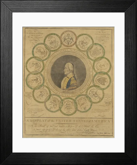 Framed Print : A Display of the United States of America, by Amos Doolittle, 1794. Around a portrait of George Washington in his military Uniform, are 14 interlaced green circles Framed Print : A Display of the United States of America, by Amos Doolittle, 1794. Around a portrait of George Washington in his military Uniform, are 14 interlaced green circles