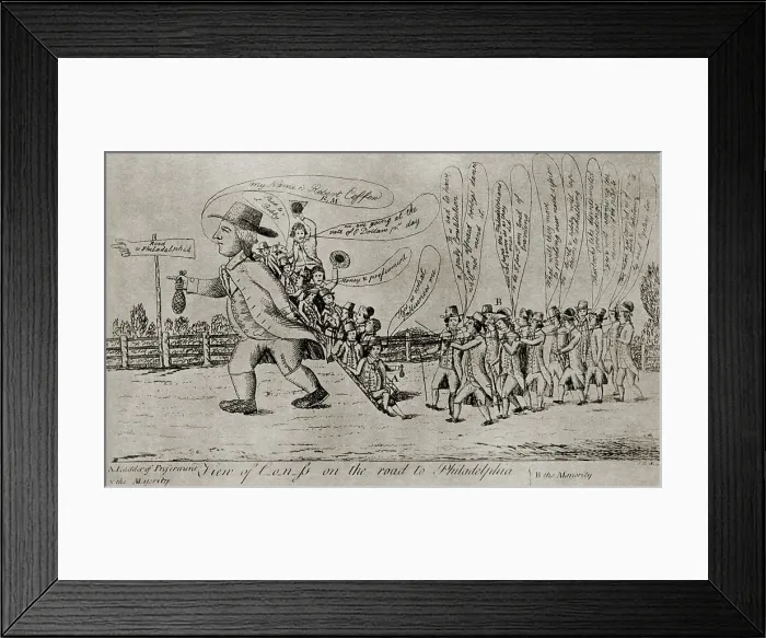 Framed Print : Political cartoon shows Pennsylvania Senator, Robert Morris, clutching a moneybag, as he drags Congress from New York to Philadelphia Framed Print : Political cartoon shows Pennsylvania Senator, Robert Morris, clutching a moneybag, as he drags Congress from New York to Philadelphia
