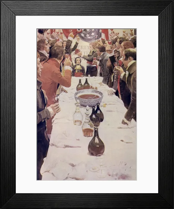 Framed Print : Citizen Genet, was the French ambassador to the United States from 1794-1795, at the head of a banquet table, receives a toast from enthusiastic Americans