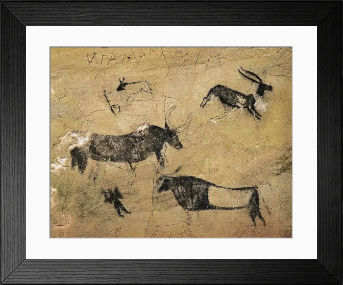 Framed Print : Deers and cows in naturalistic-stylized style. Mesolithic art. Cave. SPAIN. Barcelona. Archaeology Museum of Catalonia. Proc: SPAIN. El Cogul. Cova dels Moros