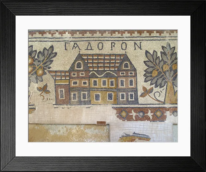 Framed Print : Byzantine Mosaic with Building, 6th Century A.D. mosaic - Jordan, Madaba, Archaeological Park. Detail Framed Print : Byzantine Mosaic with Building, 6th Century A.D. mosaic - Jordan, Madaba, Archaeological Park. Detail
