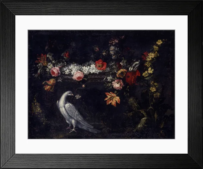 Framed Print : Flower and Pigeon (Fiore con piccione), by Maria Marchetti, 17th century, oil on canvas - Italy, Emilia Romagna, Piacenza, Church of San Sisto. Whole artwork view Framed Print : Flower and Pigeon (Fiore con piccione), by Maria Marchetti, 17th century, oil on canvas - Italy, Emilia Romagna, Piacenza, Church of San Sisto. Whole artwork view