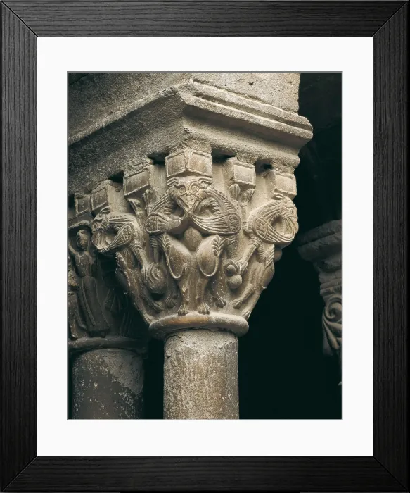Framed Print : Monastery of St. 12th c. SPAIN. L'Estany. Monastery of Santa Maria de l'Estany. Cloister capital. Romanesque art. Relief on marble