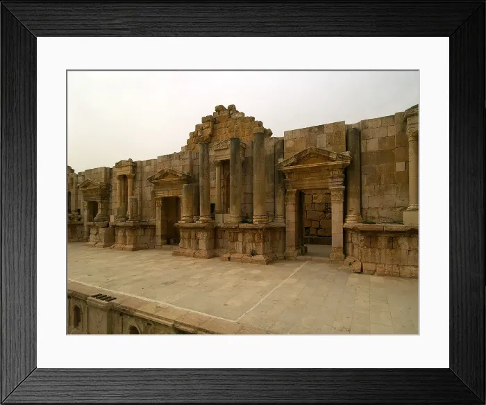 Framed Print : Scaenaefrons of the South Theatre, 92-93, 1st Century A.D. stone building - Jordan, Jerash. Whole artwork view Framed Print : Scaenaefrons of the South Theatre, 92-93, 1st Century A.D. stone building - Jordan, Jerash. Whole artwork view