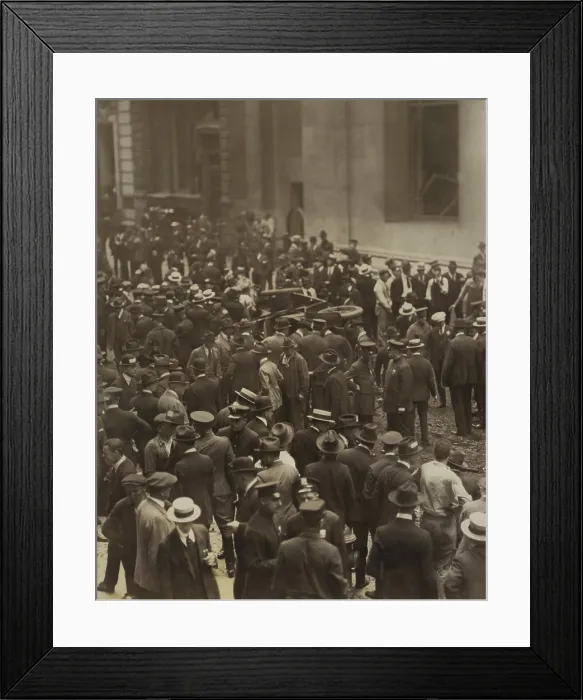 Framed Print : Crowd and Police after Wall Street bombing of Sept. 16, 1920. Bomb exploded at noon from a horse drawn cart stopped at J.P. Morgan & Co. at Broad and Wall Streets Framed Print : Crowd and Police after Wall Street bombing of Sept. 16, 1920. Bomb exploded at noon from a horse drawn cart stopped at J.P. Morgan & Co. at Broad and Wall Streets