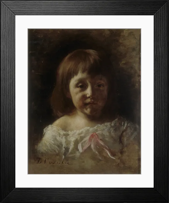 Framed Print : Mariella, by Demetrio Cosola, 1880 - 1895, 19th Century, oil on canvas - Private collection. Whole artwork view. Portrait of a baby girl with a white dress and a pink ribbon