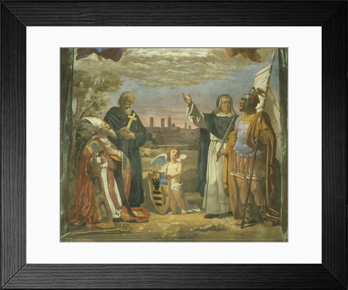 Framed Print : View of the city of Forl and the saints Mercurial, Pilgrim, and Valerian Marcolino (Veduta della citt di Forl e i santi Mercuriale, Pellegrino, Marcolino e Valeriano)