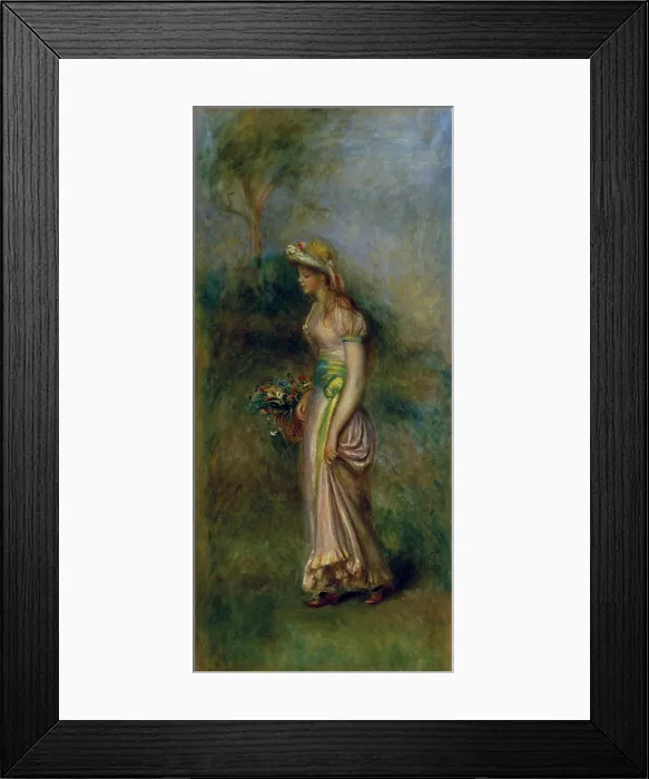 Framed Print : Woman with Flower Basket, by Pierre Auguste Renoir, 19th Century, oil on canvas - Whole artwork view. Full lenght portrait of a young lady carrying a basket full of flowers