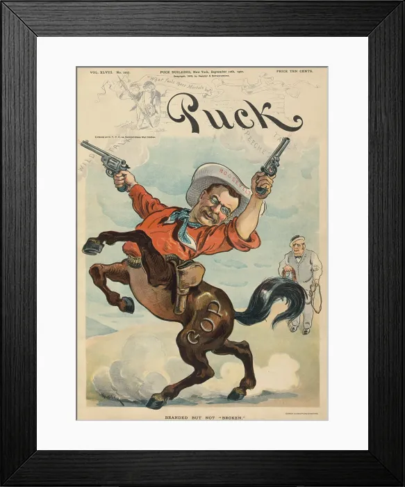 Framed Print : Theodore Roosevelt as a bucking bronco firing two revolvers. PUCK Magazine cartoon of Sept. 12, 1900 when Roosevelt was running for Vice President Framed Print : Theodore Roosevelt as a bucking bronco firing two revolvers. PUCK Magazine cartoon of Sept. 12, 1900 when Roosevelt was running for Vice President