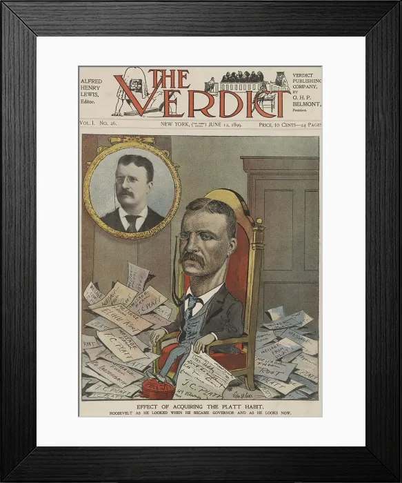Framed Print : Cartoon shows the aging effect of 18 months as New York Governor on Theodore Roosevelt. His floor is covered with messages from Republican boss Thomas Platt and Elihu Root Framed Print : Cartoon shows the aging effect of 18 months as New York Governor on Theodore Roosevelt. His floor is covered with messages from Republican boss Thomas Platt and Elihu Root