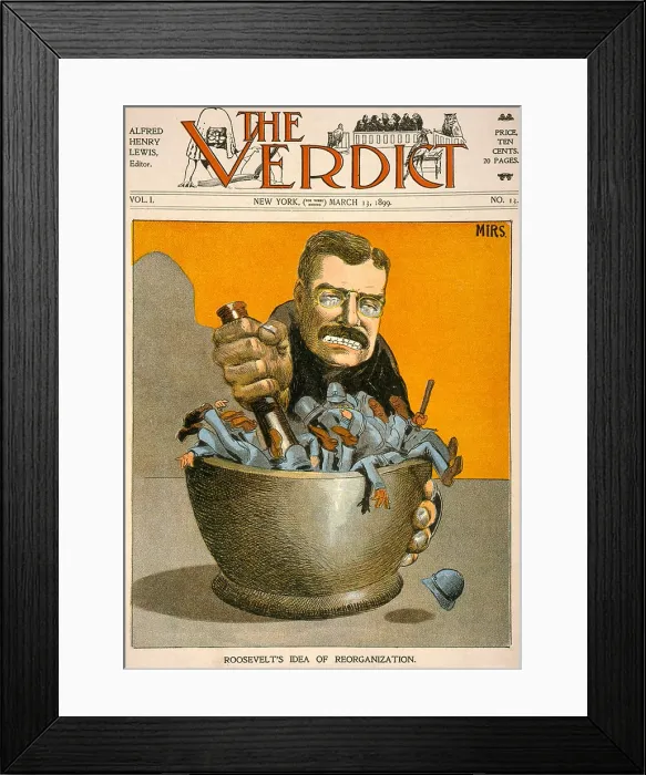 Framed Print : Cartoon of NY Governor Theodore Roosevelt grinding policemen with mortar and pestle Framed Print : Cartoon of NY Governor Theodore Roosevelt grinding policemen with mortar and pestle