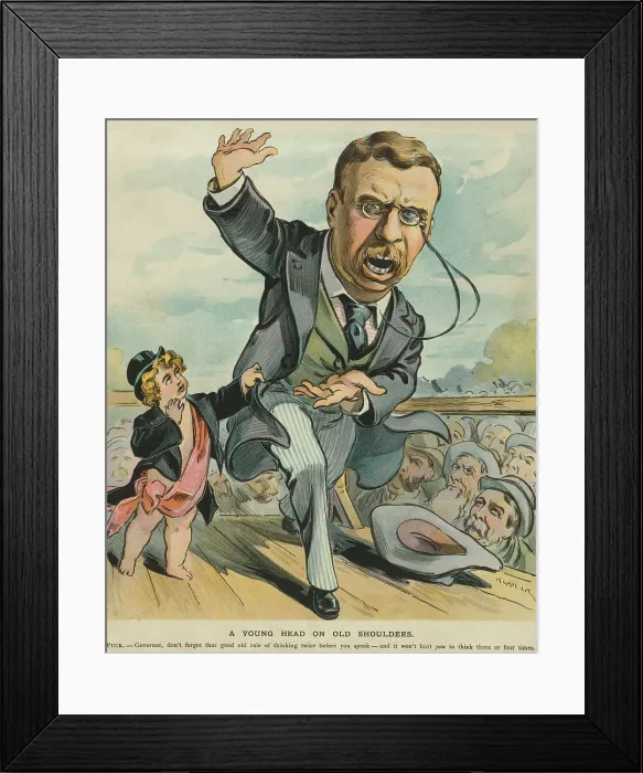 Framed Print : Cartoon of NY Governor Theodore Roosevelt speaking with animation but not restraint. Puck Magazine, Nov. 1, 1899 Framed Print : Cartoon of NY Governor Theodore Roosevelt speaking with animation but not restraint. Puck Magazine, Nov. 1, 1899
