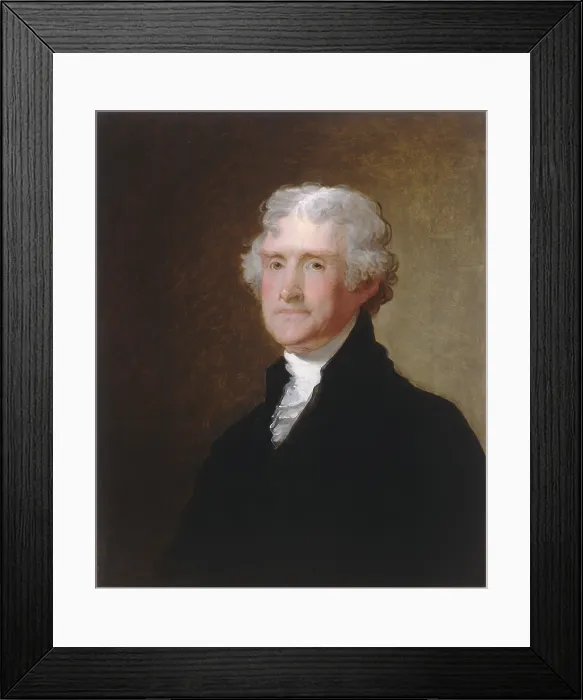 Framed Print : Thomas Jefferson, 1821 portrait, by Gilbert Stuart. This painting was made 12 years after his presidency, when he lived as a gentleman planter at Monticello (BSLOC_2019_6_144)