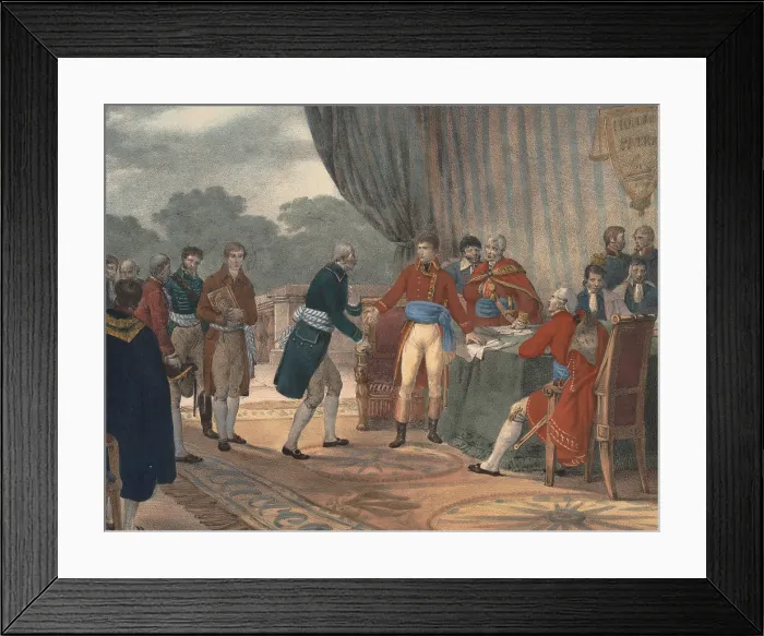 Framed Print : Joseph Bonaparte gestures to a US diplomat, Supreme Court Justice Oliver Ellsworth, at the signing of the Convention of 1800 in tent pavilion, Sept. 30, 1800 Framed Print : Joseph Bonaparte gestures to a US diplomat, Supreme Court Justice Oliver Ellsworth, at the signing of the Convention of 1800 in tent pavilion, Sept. 30, 1800