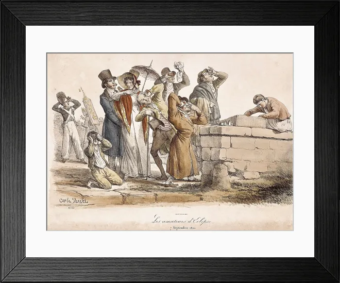 Framed Print : VERNET, Carle (1758-1836). The Lovers of the Eclipse (7th September 1820). 'Les amateurs d'Eclipse' (September 7, 1820). Illustration by Carle Vernet. Litography Framed Print : VERNET, Carle (1758-1836). The Lovers of the Eclipse (7th September 1820). 'Les amateurs d'Eclipse' (September 7, 1820). Illustration by Carle Vernet. Litography