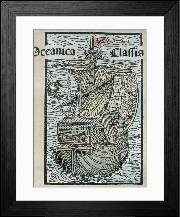Framed Print : COLUMBUS, ChrIstopher (1451-1506). Caravel Pinta. Engraving from the first Roman edition of Columbus chart (1493). Engraving. SPAIN. Madrid. National Library Framed Print : COLUMBUS, ChrIstopher (1451-1506). Caravel Pinta. Engraving from the first Roman edition of Columbus chart (1493). Engraving. SPAIN. Madrid. National Library