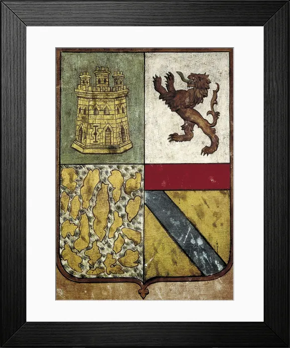 Framed Print : COLUMBUS, ChrIstopher (1451-1506). Columbus coat of arms, granted by Catholic Monarchs. Painting. SPAIN. Palos de la Frontera. La Rbida Monastery