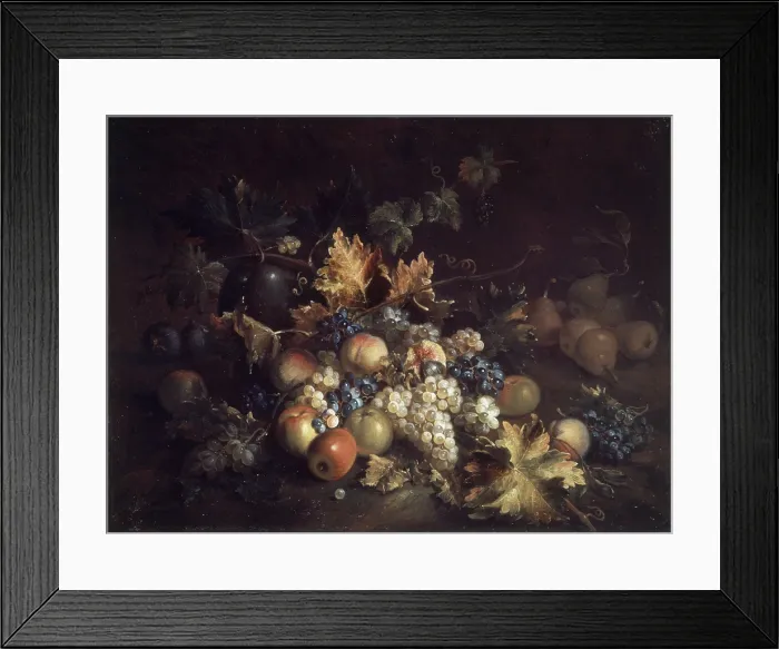 Framed Print : Grapes, apples, pears, watermelons and figs (Uva, mele, pere, angurie e fichi), by Marco Antonio Rizzi, 17th Century, oil on canvas, 75 x 99 cm - Private collection