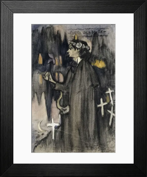 Framed Print : Picasso, Pablo (1881-1973). Decadent Poet. 1900. Picasso's dedicacy to his friend J. Sabartes. Charcoal and watercolour on paper. Drawing. SPAIN. Barcelona. Picasso Museum