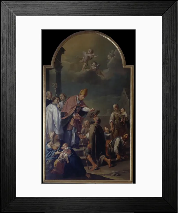 Framed Print : Saint Carl ministers Poor People (San Carlo assiste i poveri), by Antonio Rossi, 18th Century, oil on canvas - Italy, Emilia Romagna, Cento, Civic Collections. Whole artwork view