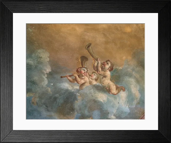 Framed Print : Playing Putti (Putti musicanti), by Giuseppe Marchetti, 18th Century, fresco - Italy, Emilia Romagna, Forl, Benzi Palace. Detail Framed Print : Playing Putti (Putti musicanti), by Giuseppe Marchetti, 18th Century, fresco - Italy, Emilia Romagna, Forl, Benzi Palace. Detail
