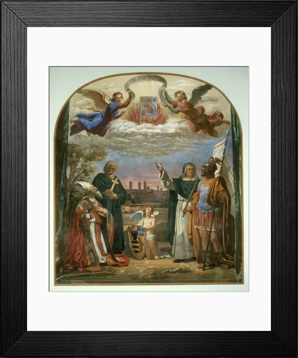 Framed Print : View of the city of Forl and the saints Mercurial, Pilgrim, Marcolino and Valerian (Veduta della citt di Forl e i santi Mercuriale, Pellegrino, Marcolino e Valeriano)
