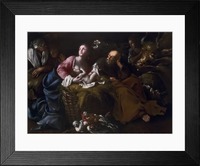 Framed Print : Nativity, by Bartolomeo Guidobono also known as Prete Savonese, ca. 1690, 17th Century, oil on canvas, 141 x 214 cm - Private collection. Whole artwork view