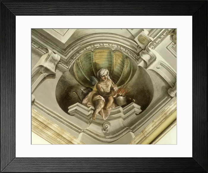 Framed Print : Putto Warming his Hands close to a Fire (Putto che si scalda le mani al fuoco), 18th Century, fresco - Italy, Emilia Romagna, Forl, Lombardini Monsignani Palace. Detail
