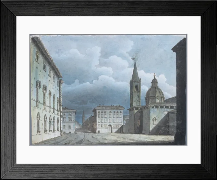 Framed Print : View from the Current Oderlaffi Square in Forl, by Romolo Liverani, 19th century, ink and watercolour on lihgt-blue squared paper - Italy, Emilia Romagna, Forl, Civic Library