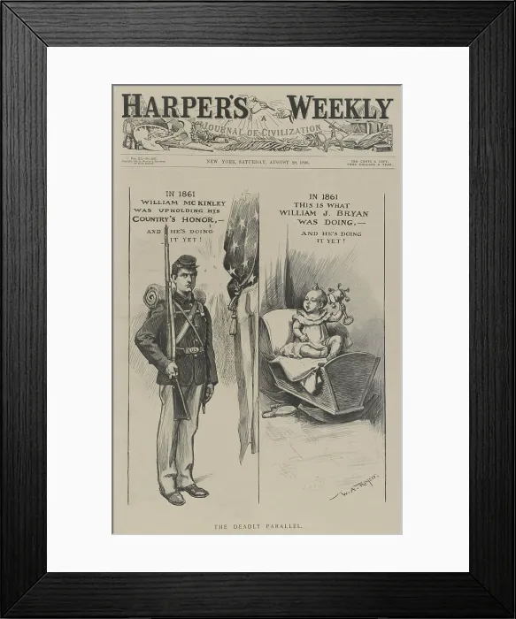 Framed Print : Pro McKinley, anti-Bryan, political cartoon on the cover of HARPERS WEEKLY, August 29, 1896 Framed Print : Pro McKinley, anti-Bryan, political cartoon on the cover of HARPERS WEEKLY, August 29, 1896