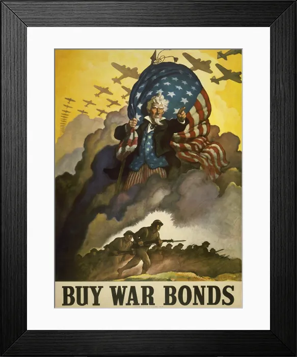 Framed Print : Buy War Bonds. World War 2 poster of Uncle Sam. He holds a U.S Framed Print : Buy War Bonds. World War 2 poster of Uncle Sam. He holds a U.S