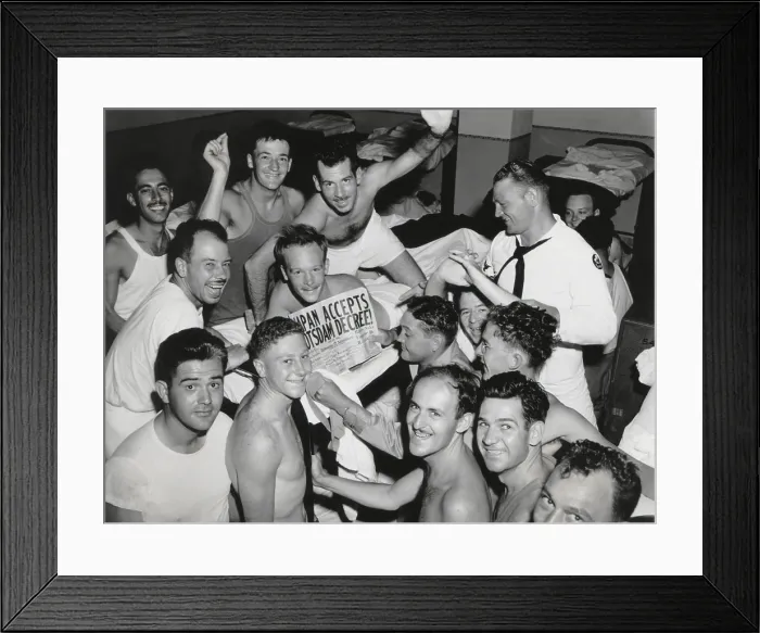 Framed Print : Soldiers, Sailors and Marines are awakened with the news of Japan's capitulation