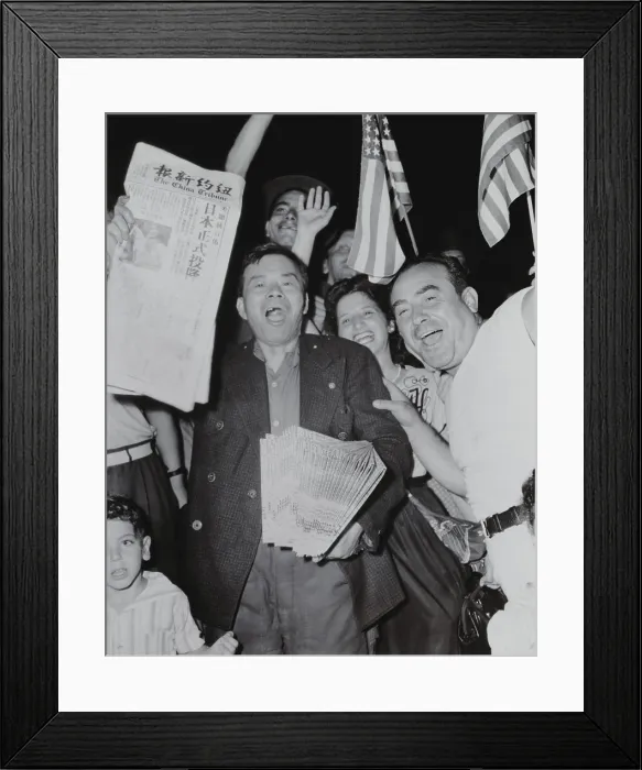 Framed Print : Chinese newspaper vendor, among crowd waving American flags in Chinatown, New York, on V-J Day Framed Print : Chinese newspaper vendor, among crowd waving American flags in Chinatown, New York, on V-J Day