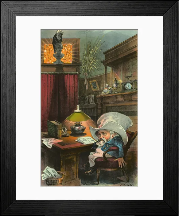 Framed Print : President Benjamin Harrison, caricatured in the big hat of his grandfather Pres. William Harrison. James Blaine is a raven perched on a bust of the first President Harrison Framed Print : President Benjamin Harrison, caricatured in the big hat of his grandfather Pres. William Harrison. James Blaine is a raven perched on a bust of the first President Harrison