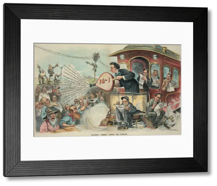 Framed Print : BLOWING HIMSELF AROUND THE COUNTRY, PUCK Magazine cartoon of Sept. 16, 1896