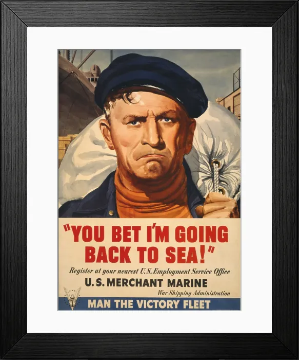 Framed Print : You bet I'm going back to sea! American World War 2 with portrait of Merchant Marine carrying duffle bag on his shoulders. 1942. (BSLOC_2014_10_257)