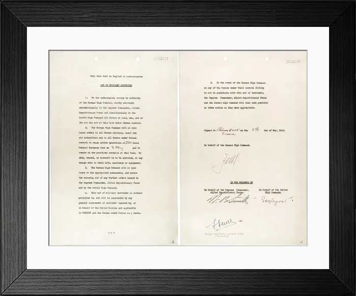 Framed Print : Germany surrender document signed by Gen. Alfred Jodl, Chief of Staff of the German Army. It was signed at Allied Headquarters at Reims, May 7, 1945. World War 2