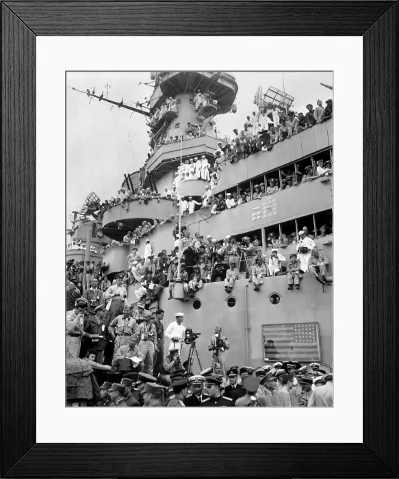 Framed Print : Sailors, spectators, and photographers on the deck of the USS MISSOURI in Tokyo Bay. They will witness the formal Japanese surrender. Sept. 2, 1945. World War 2