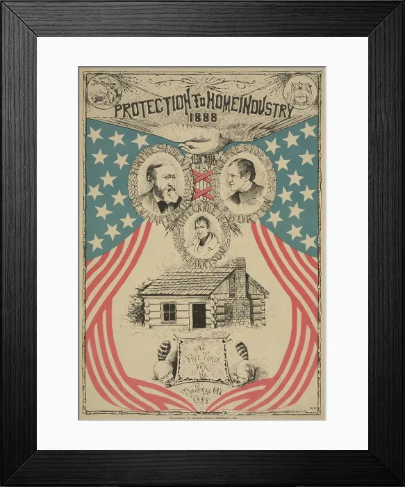 Framed Print : PROTECTION TO HOME INDUSTRIES 1888, pledges a Republican Presidential poster for Harrison & Morton. Portraits of Benjamin Harrison and Levi P