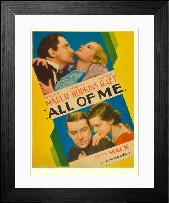 Framed Print : ALL OF ME, top from left: Fredric March, Miriam Hopkins, bottom from left: George Raft, Helen Mack on midget window card, 1934 Framed Print : ALL OF ME, top from left: Fredric March, Miriam Hopkins, bottom from left: George Raft, Helen Mack on midget window card, 1934