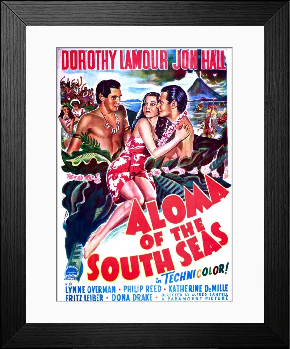Framed Print : ALOMA OF THE SOUTH SEAS, US poster, from left: Phillip Reed, Dorothy Lamour, Jon Hall, 1941