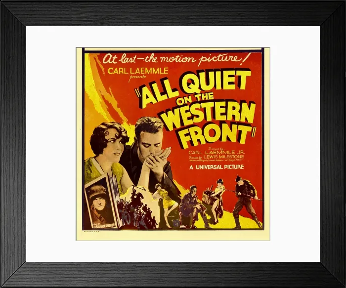 Framed Print : ALL QUIET ON THE WESTERN FRONT, bottom left: Lew Ayres on window card, 1930 Framed Print : ALL QUIET ON THE WESTERN FRONT, bottom left: Lew Ayres on window card, 1930