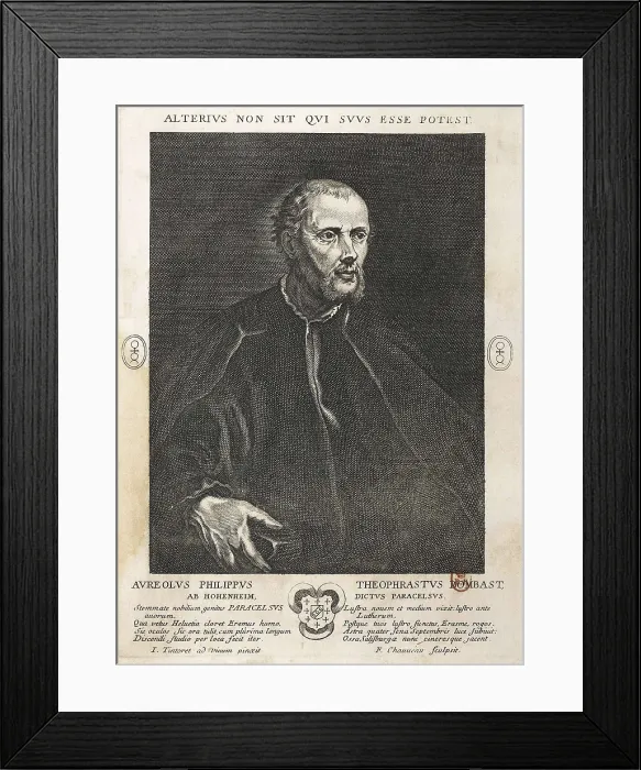 Framed Print : PARACELSUS, Philippus Aureolus (1493-1541). 'Opera Omnia'. Edition executed in Geneva in 1658. Portrait of Paracelsus. Etching. FRANCE. Paris. National Library