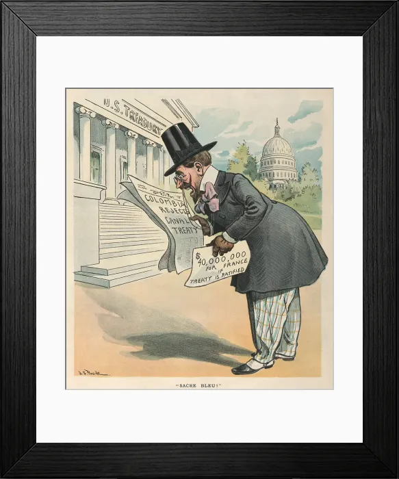 Framed Print : Philippe Bunau-Varilla reading that Colombia Rejects Canal Treaty. The political cartoon appeared in PUCK Magazine on Sept. 9, 1903