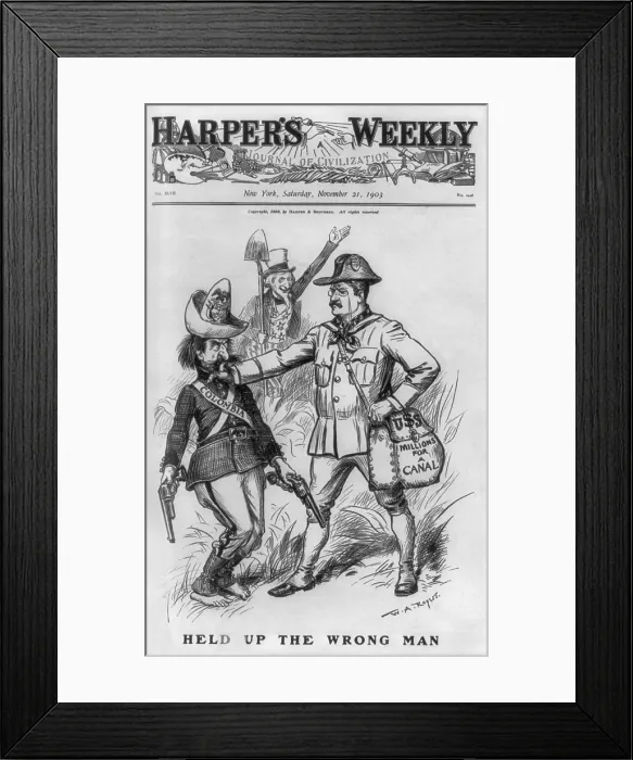 Framed Print : Harpers Weekly cover showing Colombia, as bandit, being halted by Theodore Roosevelt. The cartoon of Nov Framed Print : Harpers Weekly cover showing Colombia, as bandit, being halted by Theodore Roosevelt. The cartoon of Nov