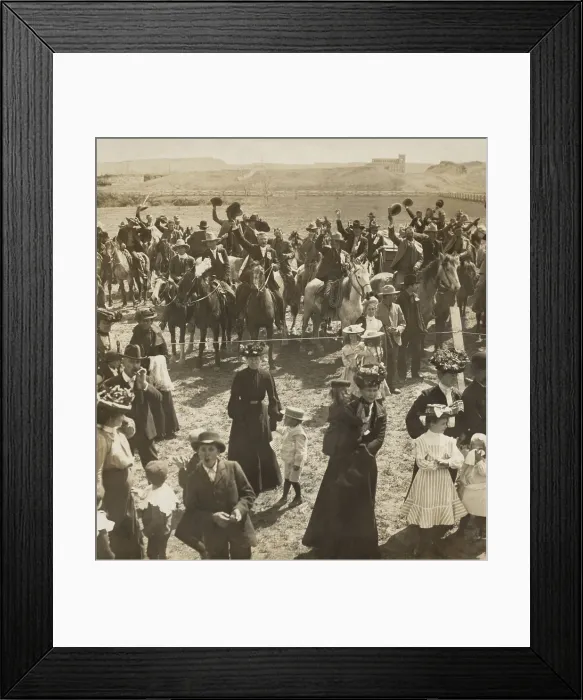 Framed Print : Rough Riders, Span-Amer. War veterans, greet President Theodore Roosevelts western tour train. Edgemont, South Dakota, April 1903 (BSLOC_2017_4_72)