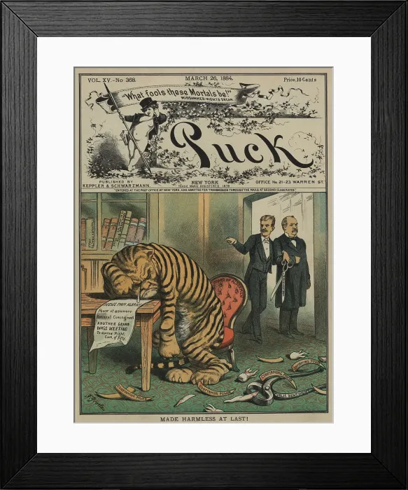 Framed Print : Weeping Tammany Tiger with the face of NYC Democratic Boss John Kelly. MADE HARMLESS AT LAST, PUCK Magazine March 1884 cover